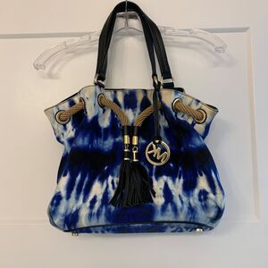 Michael Kors Marina Tie Dye Tote Blue Canvas Large Bag Tassel Gold Hardware